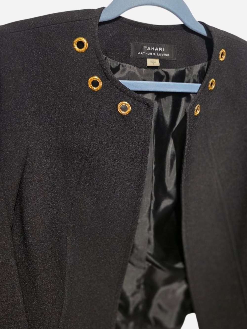 Tahari Black Collarless Blazer with Gold Grommet Accents Size 4